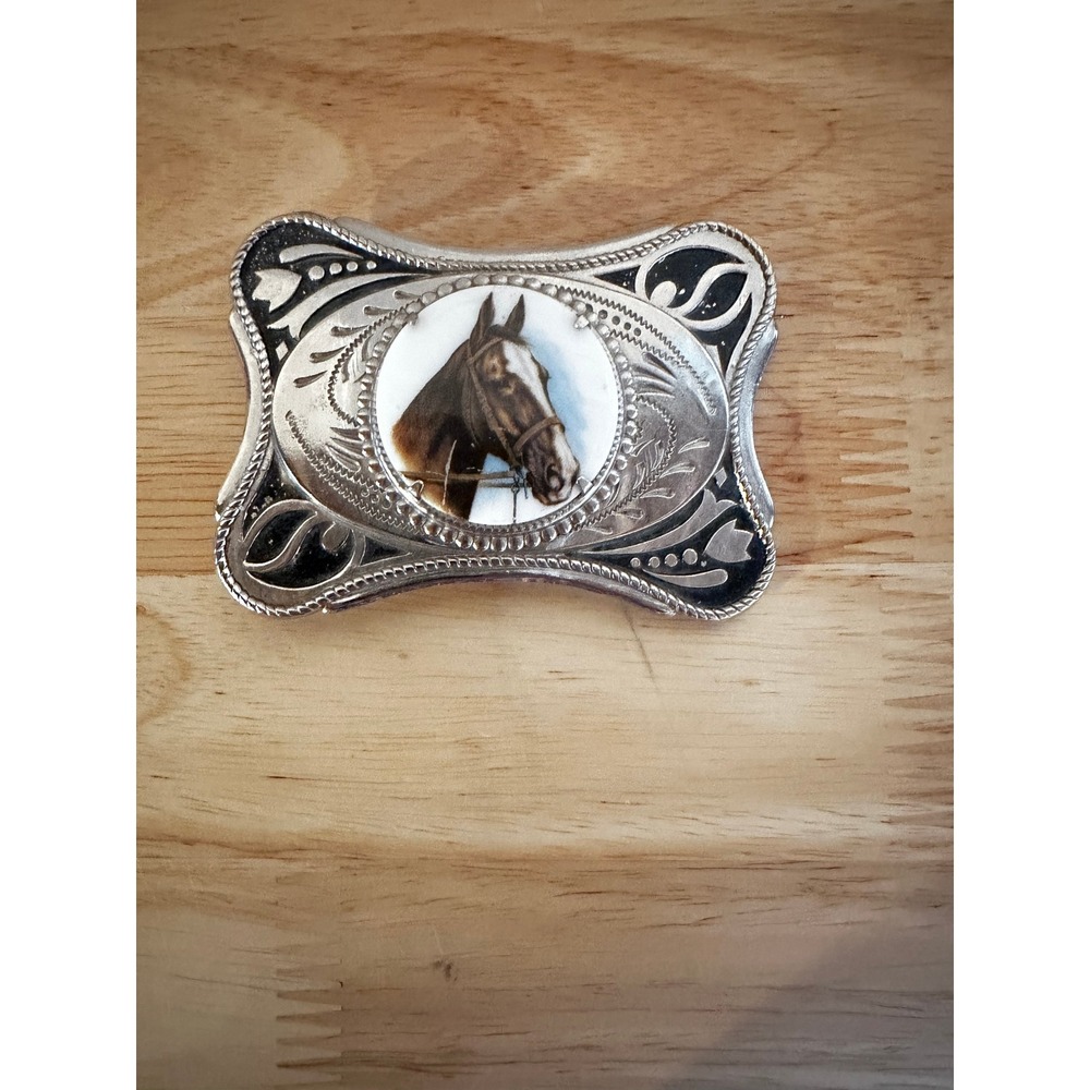 Vintage Silver Tone Raised Horse Head Cameo Western Cowboy Belt Buckle